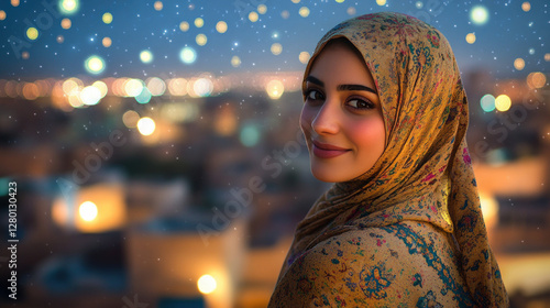 Canadian muslim woman wearing traditional abaya smiling enjoying traveling at gulf city