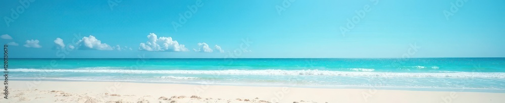 Expansive empty beach, vivid blue sky overhead Fine white sand, warm sunlight , clear, outdoor, sea Expansive empty beach, vivid blue sky overhead Fine white sand, warm sunlight , clear, outdoor, sea