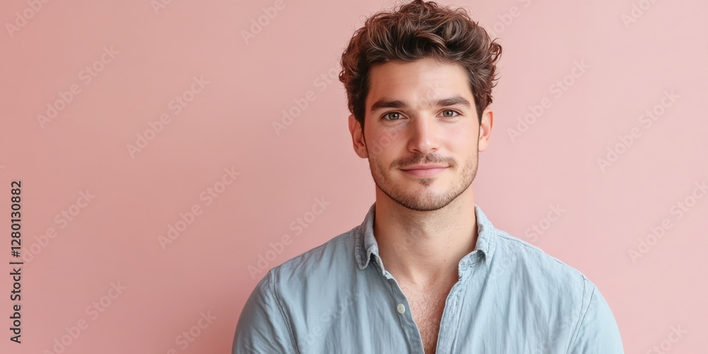 Confident Young Man Smiling Against a Soft Pink Background Confident Young Man Smiling Against a Soft Pink Background