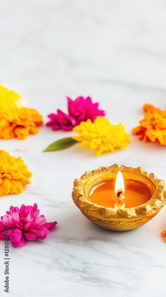 An oil lamp illuminates a marble surface surrounded by colorful flowers during a festive gathering An oil lamp illuminates a marble surface surrounded by colorful flowers during a festive gathering