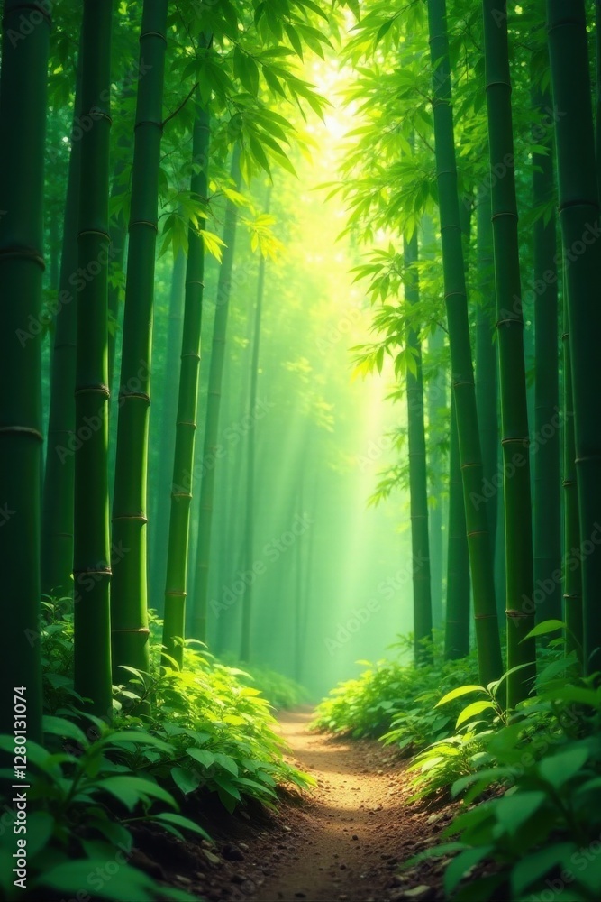 Lush green bamboo grove, sunlight dappled through leaves, garden, thicket Lush green bamboo grove, sunlight dappled through leaves, garden, thicket