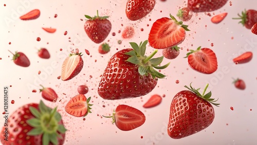 Strawberry Explosion: A dynamic shot capturing the juicy essence of fresh strawberries as they burst mid-air, with vibrant colors and textures that evoke a sense of freshness and indulgence.