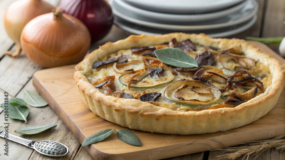 Savory Onion Tart: A mouthwatering, golden-crusted onion tart sits invitingly on a wooden cutting board, accompanied by fresh onions, creating a delightful culinary scene. Savory Onion Tart: A mouthwatering, golden-crusted onion tart sits invitingly on a wooden cutting board, accompanied by fresh onions, creating a delightful culinary scene.