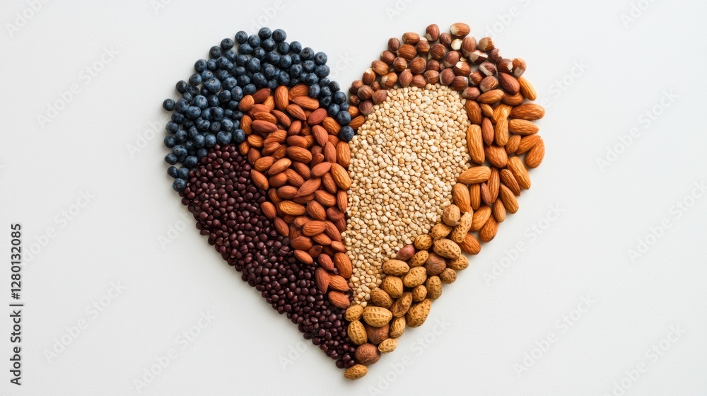Heart Shape Made of Various Nuts and Seeds on White Background Heart Shape Made of Various Nuts and Seeds on White Background