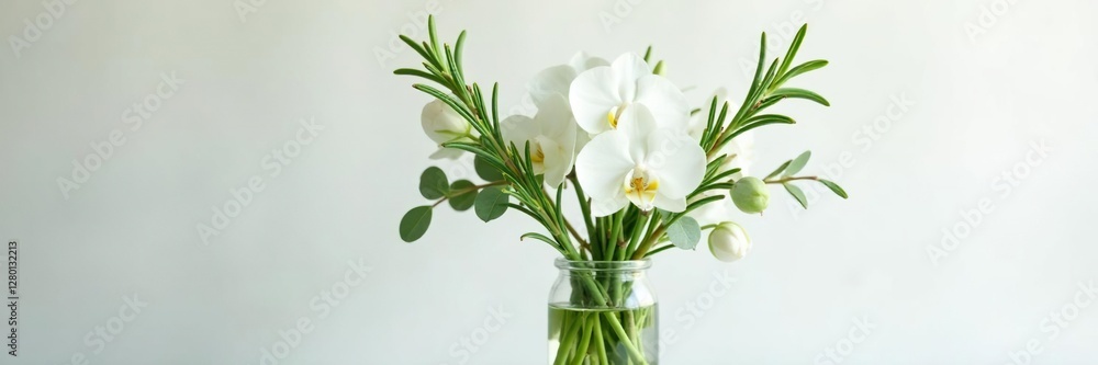 Fresh rosemary sprigs and white orchids in a glass vase with eucalyptus leaves, herb, arrangement, white Fresh rosemary sprigs and white orchids in a glass vase with eucalyptus leaves, herb, arrangement, white