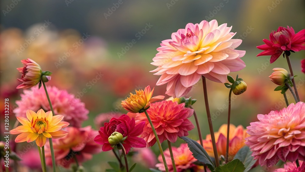 Floral Symphony: A vibrant display of dahlias in full bloom, showcasing a rich palette of colors against a soft, blurred background, symbolizing beauty, growth, and the elegance of nature. Floral Symphony: A vibrant display of dahlias in full bloom, showcasing a rich palette of colors against a soft, blurred background, symbolizing beauty, growth, and the elegance of nature.
