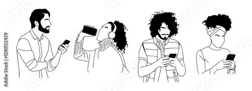 Different People holding, using mobile phones set. Line art Characters with smartphones in hands. Men, women texting, surfing internet, chatting. Vector outline drawing isolated