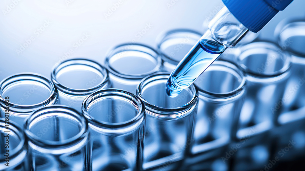 Laboratory test tubes with dropper adding blue liquid, showcasing scientific research and experimentation