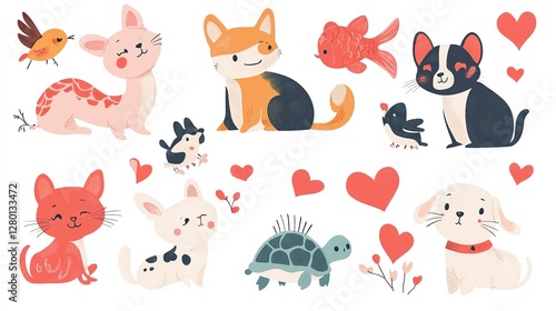 Romanticpet animal cat dog  with heart, Valentine’s Day sticker, isolated on white background.