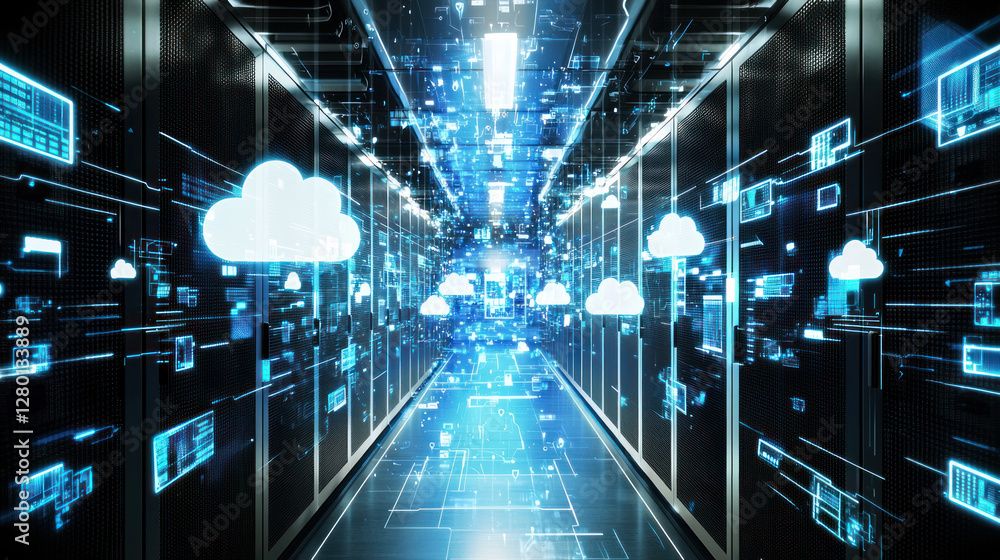 Digital data center with cloud technology and glowing servers Digital data center with cloud technology and glowing servers