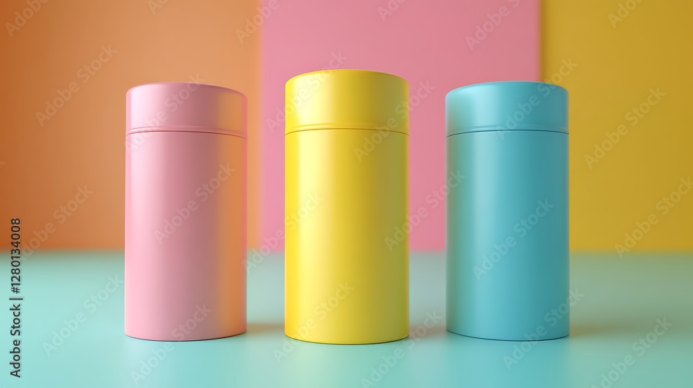 Colorful tins on pastel background Colorful tins on pastel background