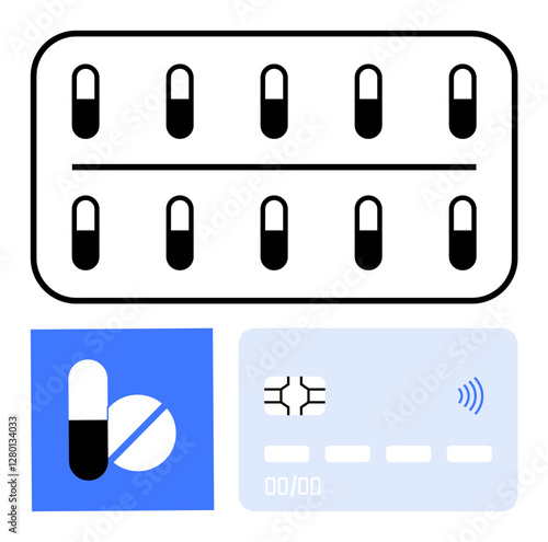Pill blister pack, app logo with medication graphic, and contactless credit card. Ideal for telemedicine, pharmacy e-commerce, digital payments, health tech, online prescriptions, medtech abstract