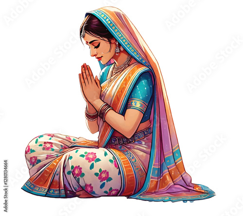 Indian woman sitting in saree doing prayer illustration