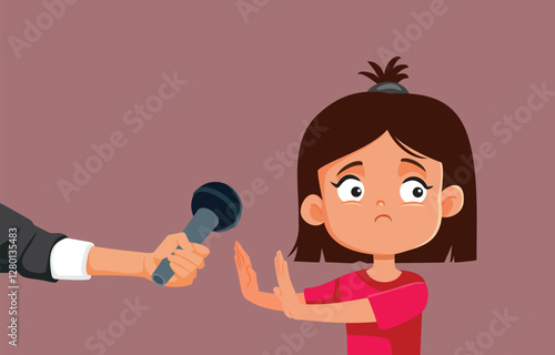 Child Refusing to Speak at the Microphone Vector Concept Illustration. Little girl not wanting to answer questions from interviewer 
