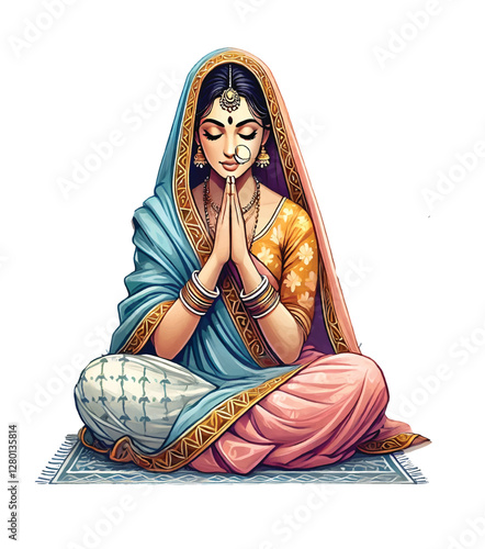 Indian woman sitting in saree doing prayer illustration