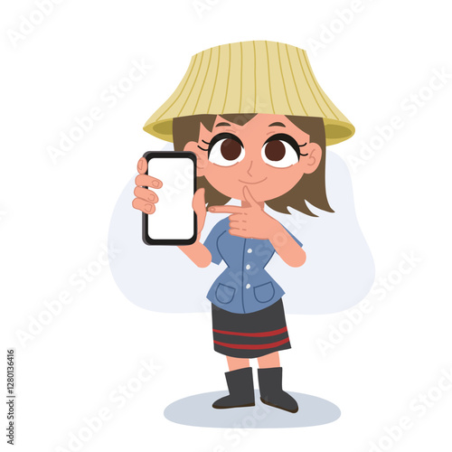 cartoon of a smiling thai female farmer holding smartphone,  using smartphone