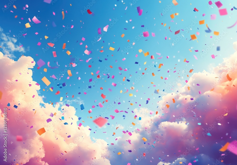 Colorful confetti falling from a bright sky with fluffy clouds creating a festive and joyful atmosphere perfect for celebrations and special occasions Colorful confetti falling from a bright sky with fluffy clouds creating a festive and joyful atmosphere perfect for celebrations and special occasions