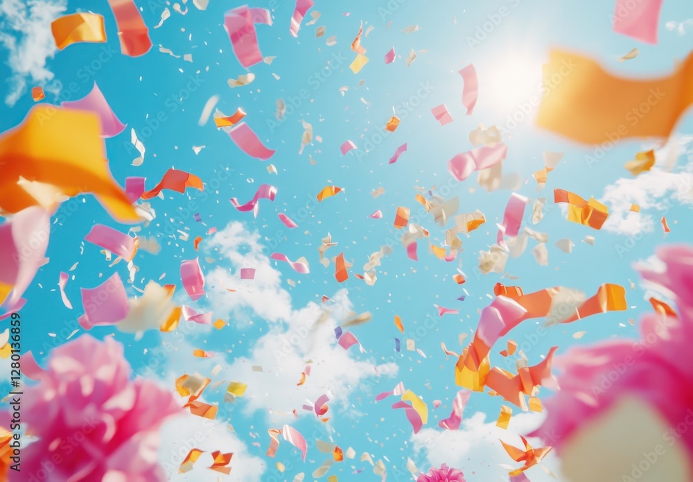 Colorful Confetti Falling from Sky Celebrating Joyous Events with Blue Sky and Fluffy Clouds in Bright Sunshine Colorful Confetti Falling from Sky Celebrating Joyous Events with Blue Sky and Fluffy Clouds in Bright Sunshine