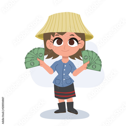 cute cartoon of a female Thai farmer holding money fan