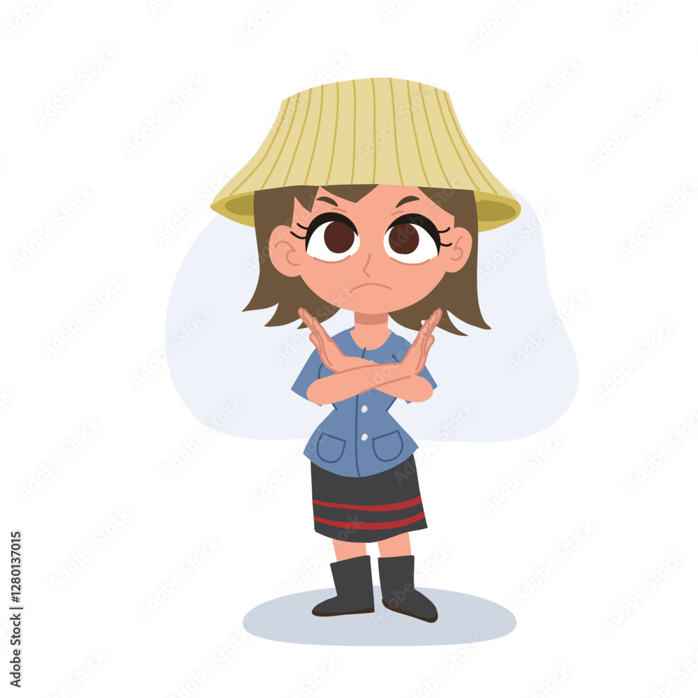 Cute Thai Female Farmer Cartoon Showing Stop Gesture, Prohibition Sign for Awareness Campaign Cute Thai Female Farmer Cartoon Showing Stop Gesture, Prohibition Sign for Awareness Campaign