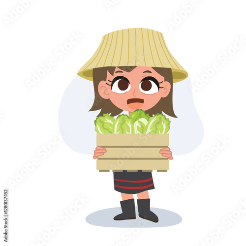 thai farmer woman cartoon holding fresh vegetables, napa cabbage from farm