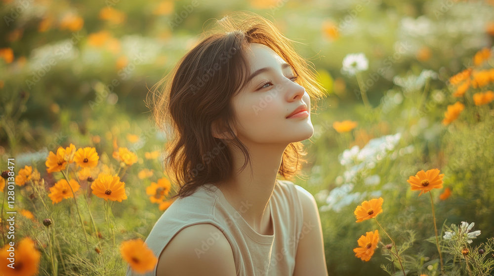 Naklejka premium Indonesian woman sitting and relaxing enjoying green meadow with wildflowers in full bloom