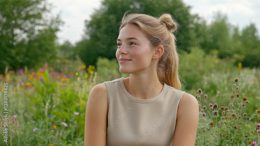 Blond woman sitting and relaxing enjoying green meadow with wildflowers in full bloom Blond woman sitting and relaxing enjoying green meadow with wildflowers in full bloom