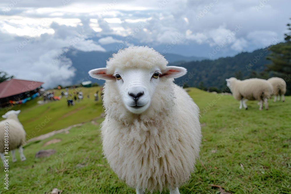 Fototapeta premium Cotton Ball Life with fluffy fur like clouds, sheep in Cameron Highlands running around, occasionally turning around with cute round eyes