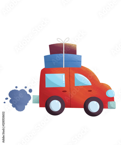 Cartoon Red Car on a Road Trip Ramadan