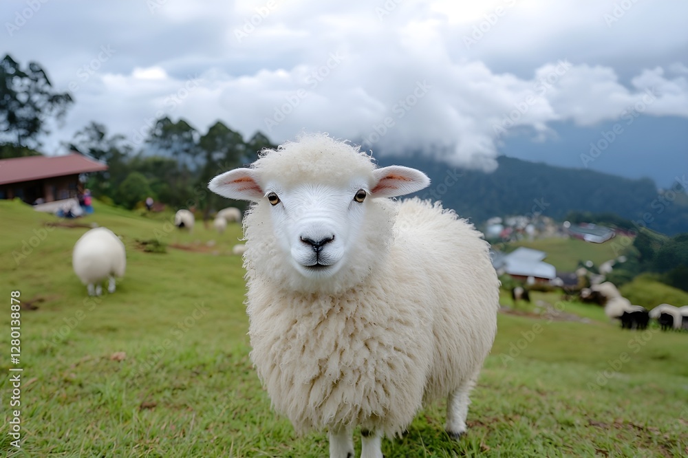 Obraz premium Cotton Ball Life with fluffy fur like clouds, sheep in Cameron Highlands running around, occasionally turning around with cute round eyes