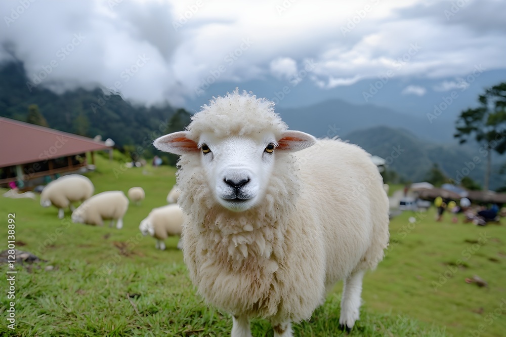 Obraz premium Cotton Ball Life with fluffy fur like clouds, sheep in Cameron Highlands running around, occasionally turning around with cute round eyes