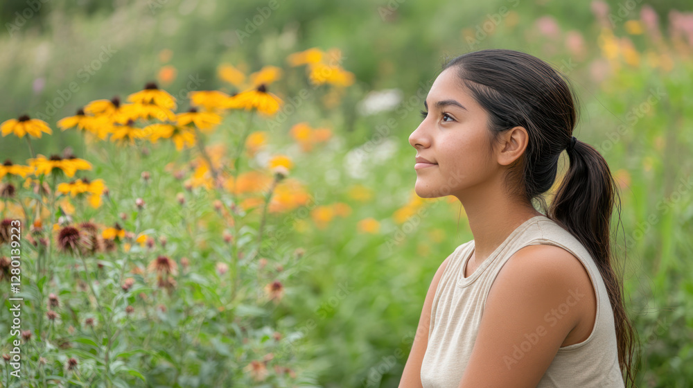 Hispanic woman sitting and relaxing enjoying green meadow with wildflowers in full bloom Hispanic woman sitting and relaxing enjoying green meadow with wildflowers in full bloom