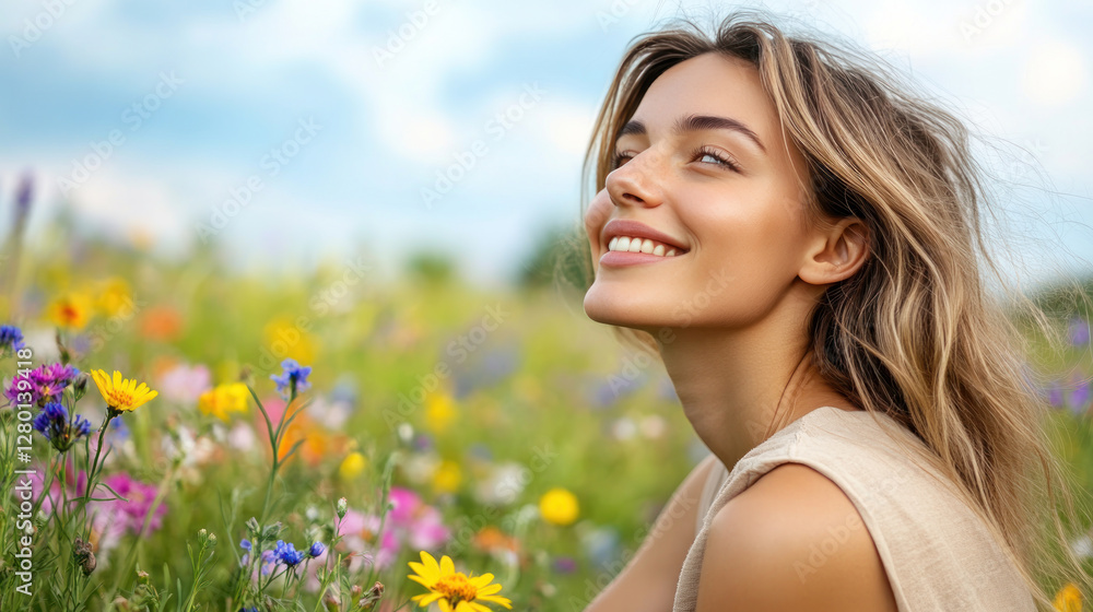 French woman sitting and relaxing enjoying green meadow with wildflowers in full bloom French woman sitting and relaxing enjoying green meadow with wildflowers in full bloom