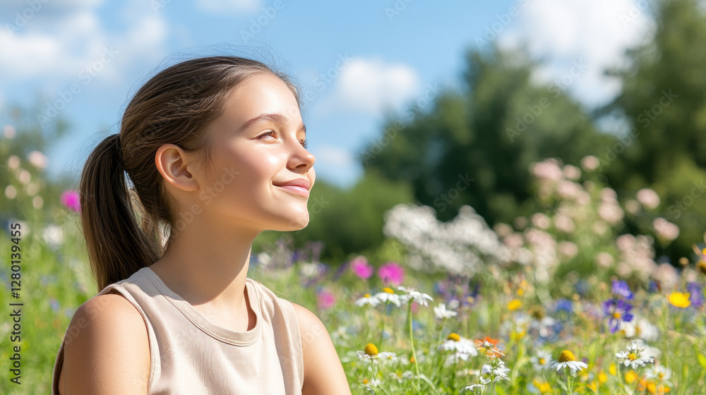 Brunette woman sitting and relaxing enjoying green meadow with wildflowers in full bloom Brunette woman sitting and relaxing enjoying green meadow with wildflowers in full bloom