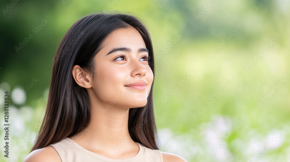 Malay woman sitting and relaxing enjoying green meadow with wildflowers in full bloom Malay woman sitting and relaxing enjoying green meadow with wildflowers in full bloom