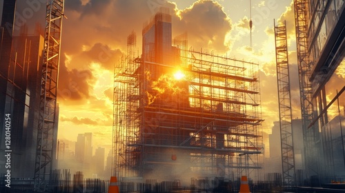 Construction Workers at Sunset Working on a High-Rise Building With Cranes on a Vibrant Skyline