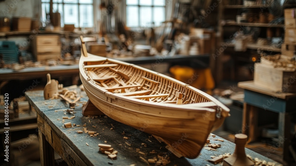 Obraz premium intricate wood boat model resting on a weathered workbench amidst workshop woodworking tools galore