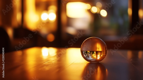 Sunlight Reflects Through a Crystal Ball on a Wooden Table Beside a Vase of Dried Flowers in a Cozy Indoor Setting