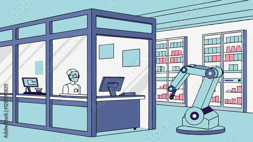 Automated Pharmacy - Robot Dispensing Medicine Vector