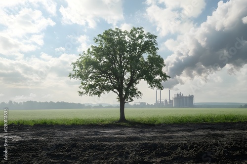 Between destruction and hope, a tree that divides the world in two, one surrounded by polluting plants and the other by unspoiled open fields photo