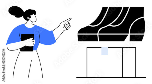 Businesswoman pointing at a large shoe model while holding a tablet. Ideal for business presentations, product design, marketing strategies, fashion industry, conceptual thinking, leadership