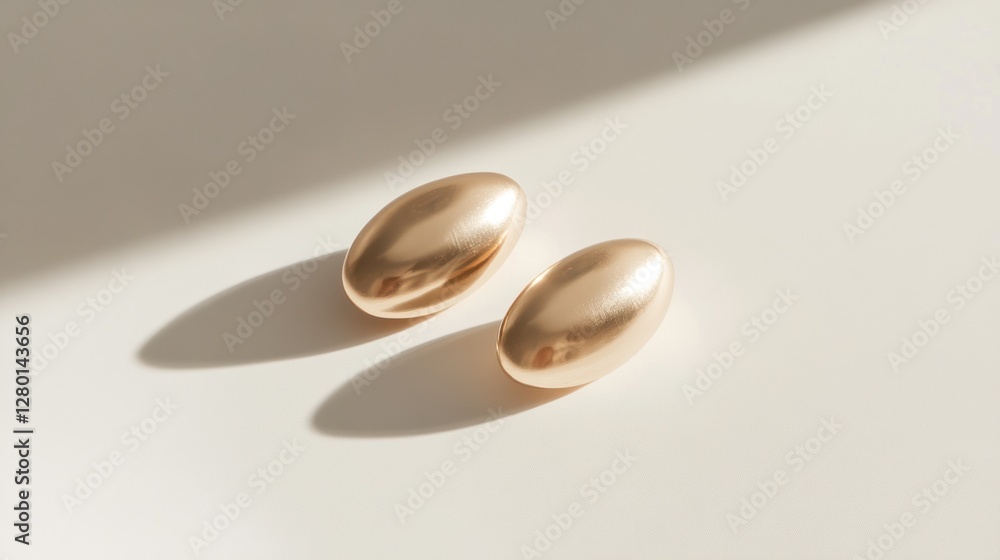 Two golden oval shapes on a white surface with shadows. Two golden oval shapes on a white surface with shadows.