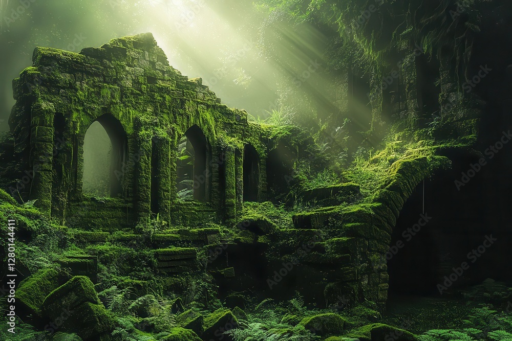 ancient mosscovered stone ruins in mystical forest clearing emerald vegetation filtered sunlight magical atmosphere ancient mosscovered stone ruins in mystical forest clearing emerald vegetation filtered sunlight magical atmosphere