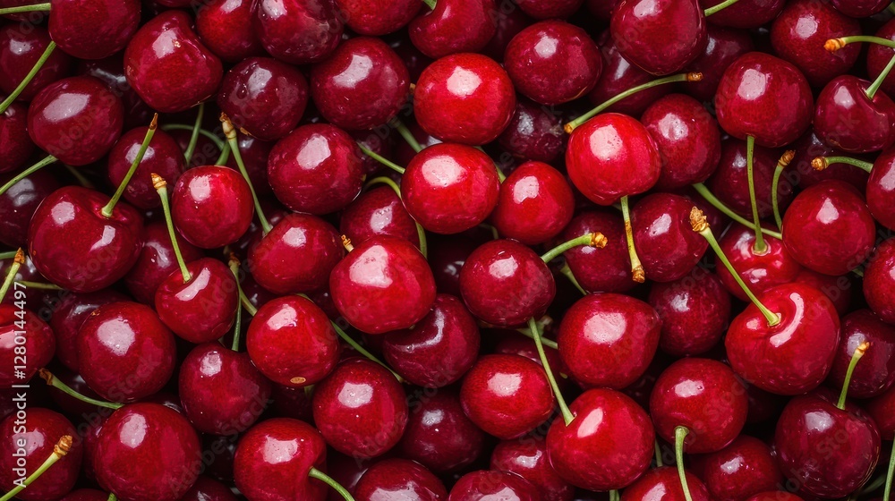 Fresh Bright Red Cherries with Stems on a Dark Background Fresh Bright Red Cherries with Stems on a Dark Background