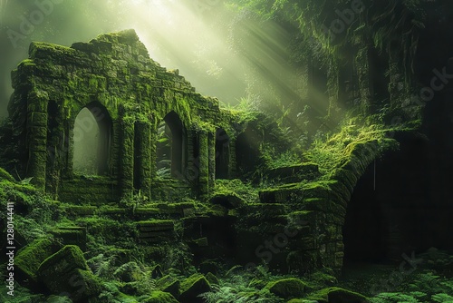 ancient mosscovered stone ruins in mystical forest clearing emerald vegetation filtered sunlight magical atmosphere photo