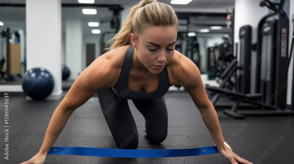 HIIT workout with burpees and resistance band sprints in a clean fitness center. Featuring explosive strength and agility HIIT workout with burpees and resistance band sprints in a clean fitness center. Featuring explosive strength and agility
