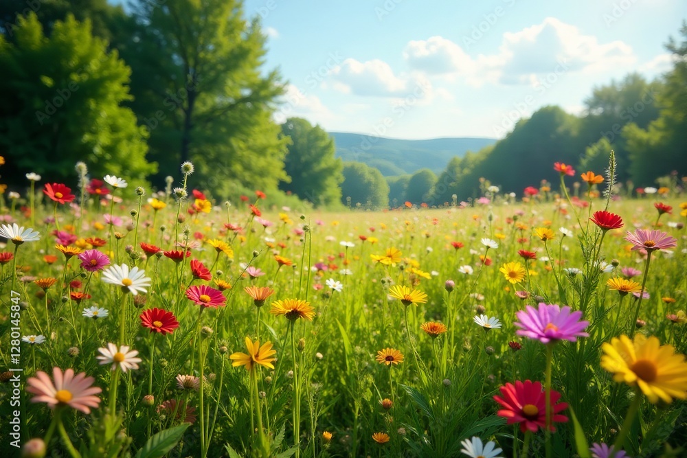 Overgrown meadow filled with a riot of wildflowers under the sunlight, nature, colorful Overgrown meadow filled with a riot of wildflowers under the sunlight, nature, colorful