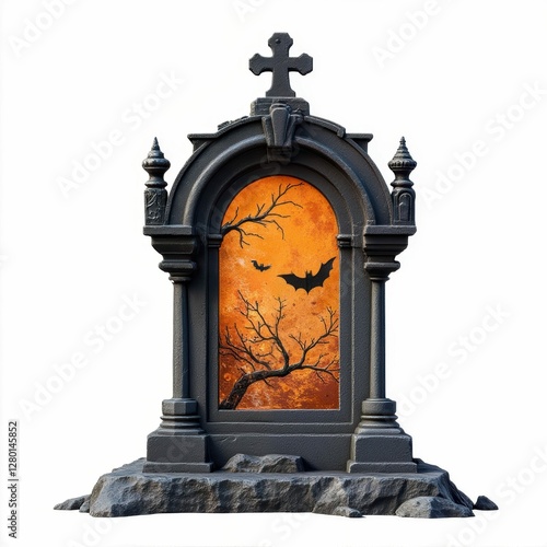 Spooky Tombstone Silhouette with Bats Against an Orange Moon Halloween Night Decoration