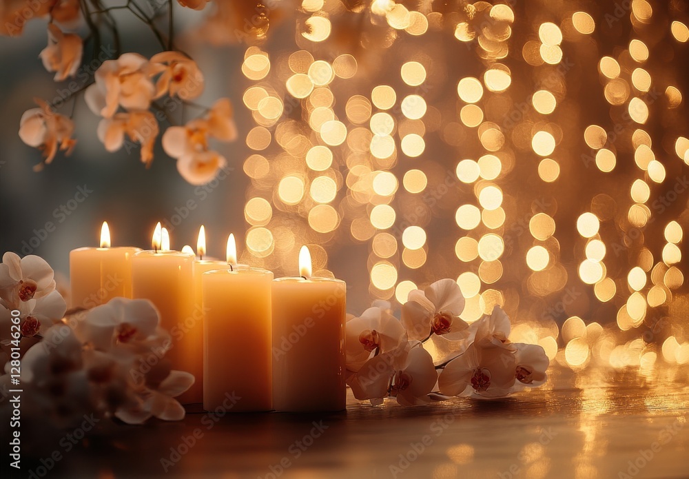 Elegant Arrangement of Lighted Candles Surrounded by Soft Orchids and Bokeh Background Creating a Serene Atmosphere for Relaxation Elegant Arrangement of Lighted Candles Surrounded by Soft Orchids and Bokeh Background Creating a Serene Atmosphere for Relaxation
