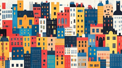 Panel kuchenny z motywem Vibrant urban landscape hand drawn style detailed colorful cityscape architecture illustration of modern buildings and houses